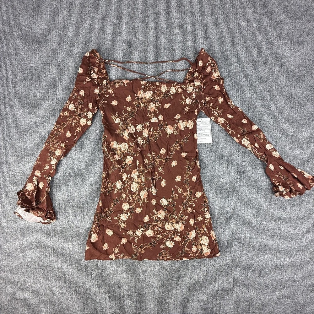 Free People Dress Womens XS Brown Floral Mini Long Sleeve Open Back OB1185423